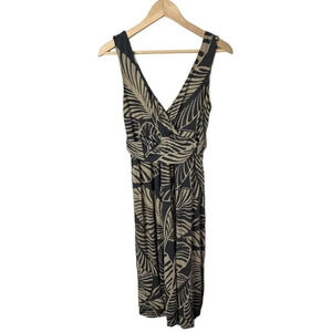 Boden Tropical Palm Leaf Print Jersey Midi Dress Size 8 Gray & Tan Stretch Woman